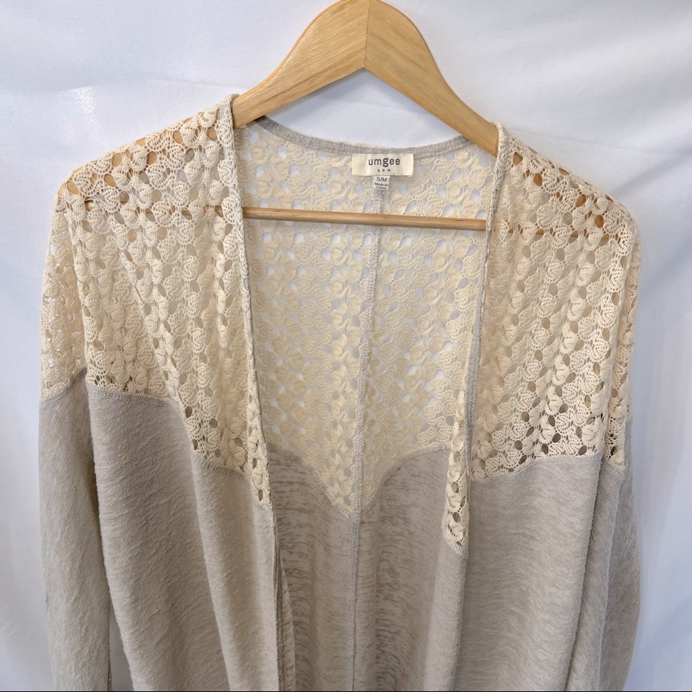 UMGEE Crochet Long Open Cardigan Lightweight Kimono Jacket Boho Gray Cream - Picture 2 of 4